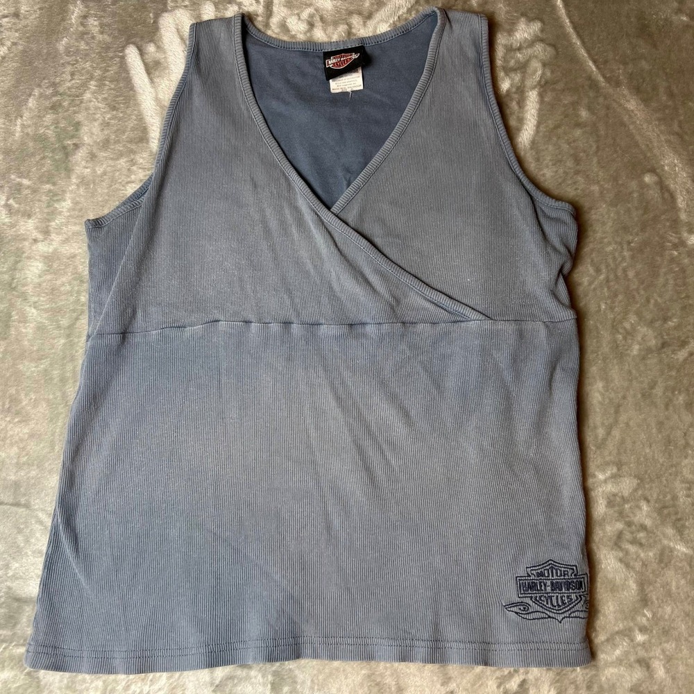 Harley Davidson‎ Y2K Womens XL Blue Ribbed Tank Top V Neck Logo Sleeveless